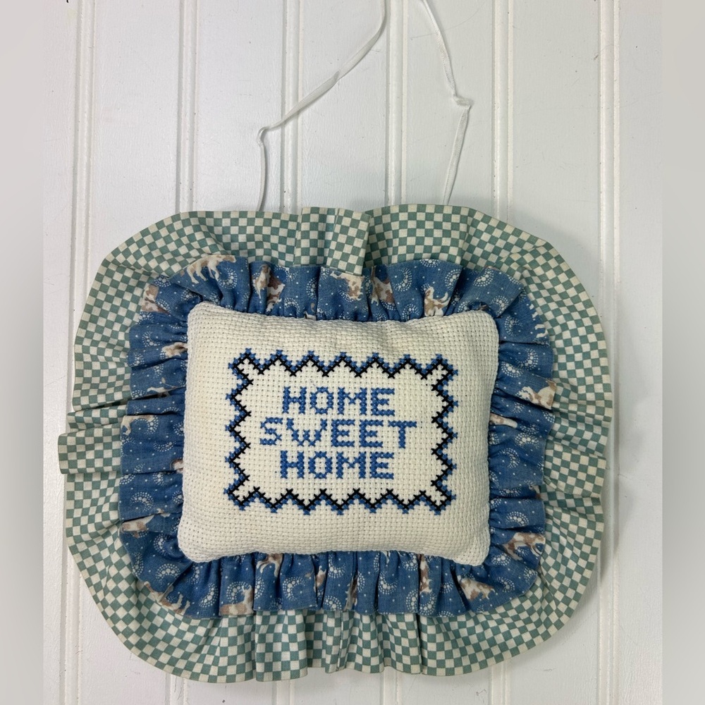 Vintage Door Hanger Counted Cross Stitch Blue  Home Sweet Home Cow Print 7x9